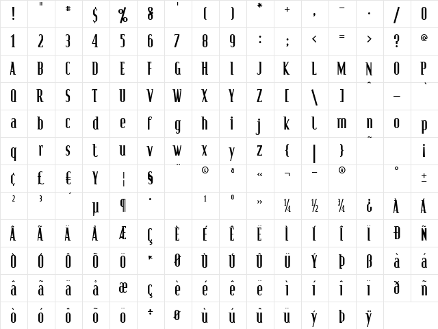 Pacific Serif Bold  glyph index