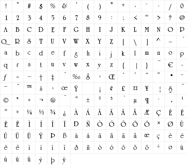 Cambridge Regular  glyph index