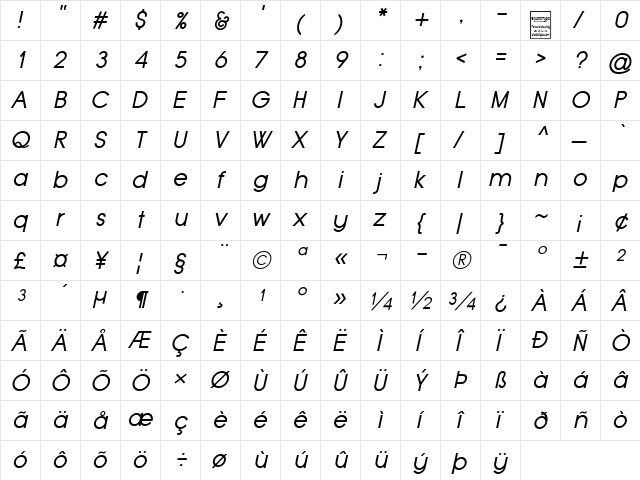 Typo Grotesk Italic  glyph index