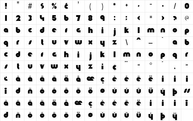 Knuckle Down Regular  glyph index