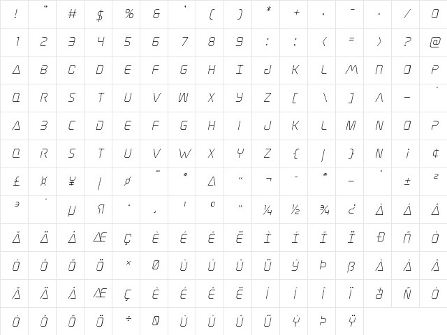 Elite Danger Title Italic Italic  glyph index