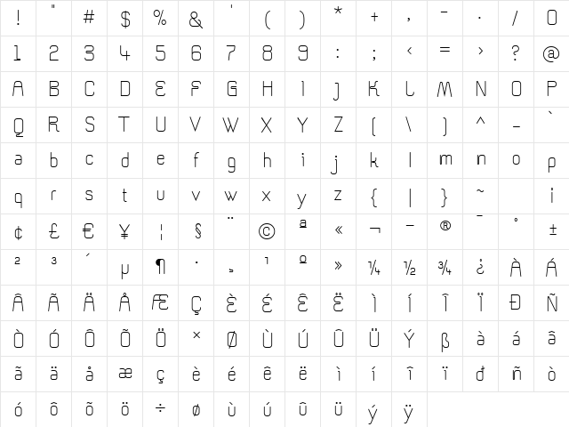 RomeroLight Regular  glyph index