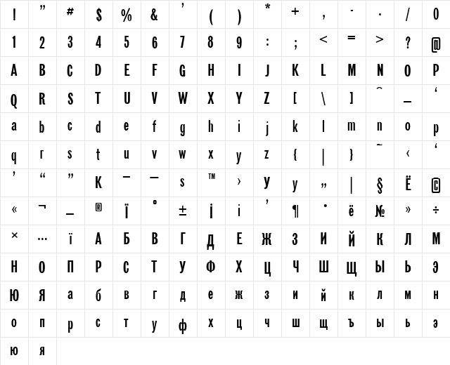 Gazeta SansSerif Plain  glyph index