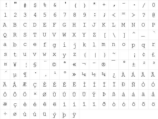 Courier New Regular  glyph index