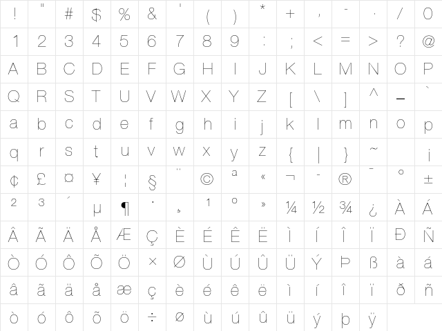 Helvetica Neue LT Pro 25 Ultra Light  glyph index