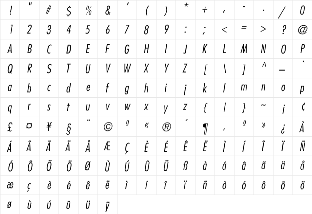 Belmar-CondensedLight-Italic Regular  glyph index