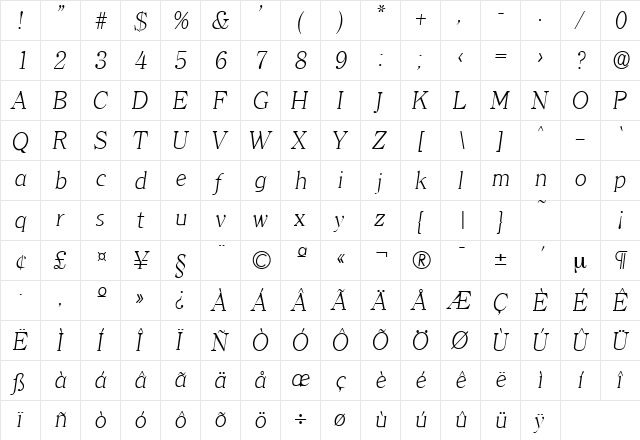 Clearface-Serial-ExtraLight RegularItalic  glyph index