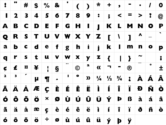 Gill Sans MT Extra Bold Regular  glyph index