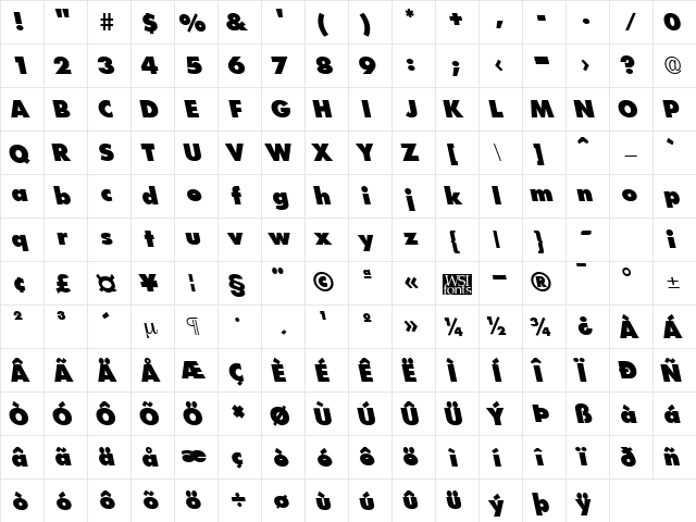 FuturistLeftyXHeavy Regular  glyph index