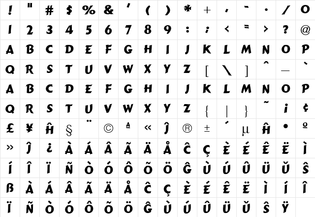 Cancun Eo Regular  glyph index