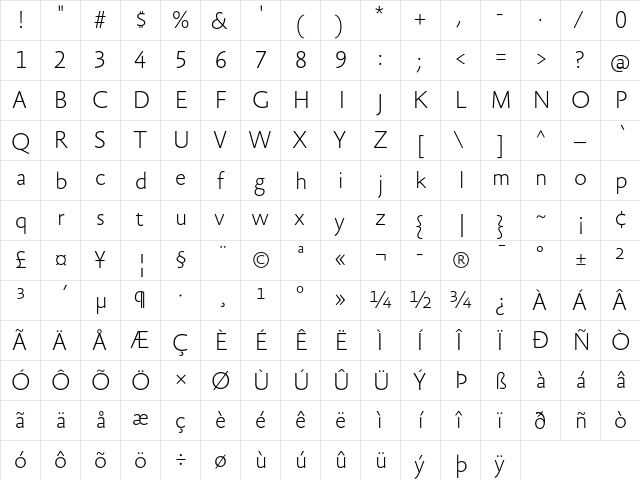 AbsaraSansTF-Thin Regular  glyph index
