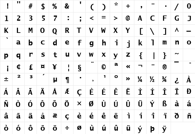 Lucida Becker Sans Typewr Demi Regular  glyph index