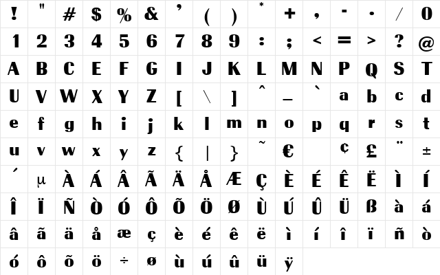 TrabantBold Regular  glyph index