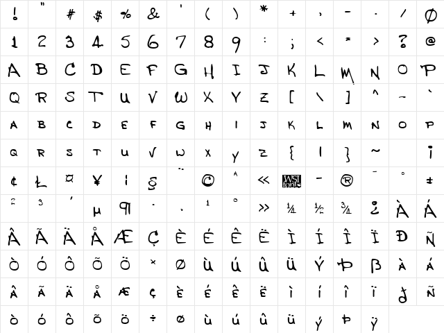 JasonsHand Regular  glyph index