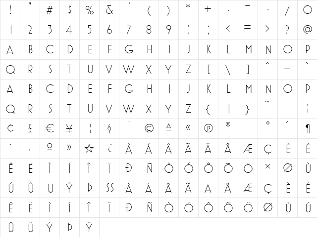 MostraOneLight Regular  glyph index