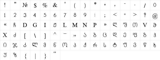 Chveulibrivi Mtavr TT Regular  glyph index