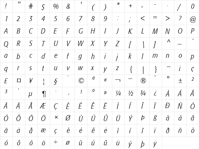 Formata-CondensedLight LightItalic  glyph index