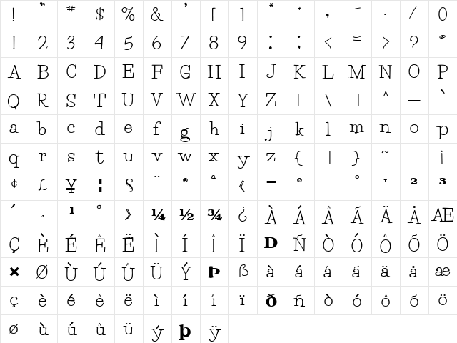 TylerFont88 Bold  glyph index