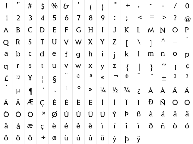 Elan AT Book Regular  glyph index