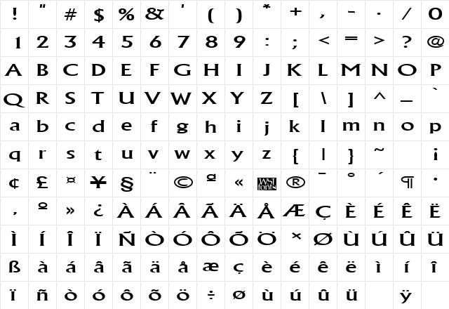 AlbertaWide Regular  glyph index