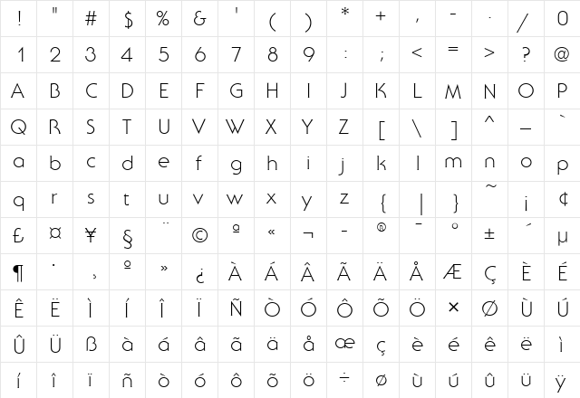 SerifGothicITC Light  glyph index