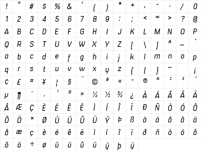 Milibus Lt Italic  glyph index