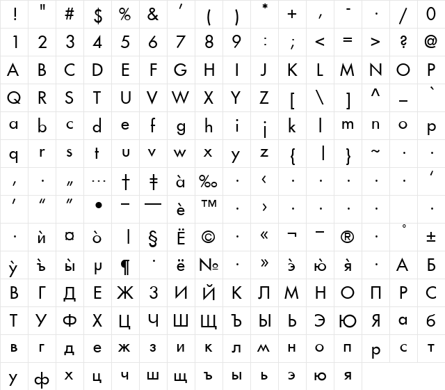 German Regular  glyph index