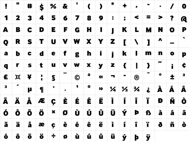 InterFace DaMa Th Bold  glyph index