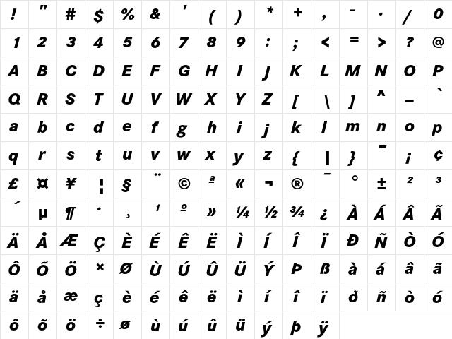 Corporate S Extra Bold Italic  glyph index