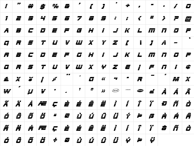 Edge Racer Laser 2 Super-Italic Italic  glyph index