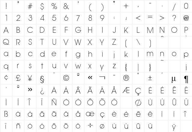 Avant Regular  glyph index