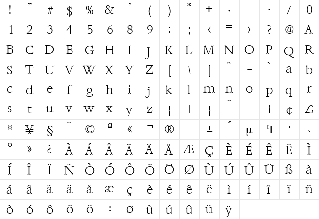 Bernstein-Serial-ExtraLight Regular  glyph index