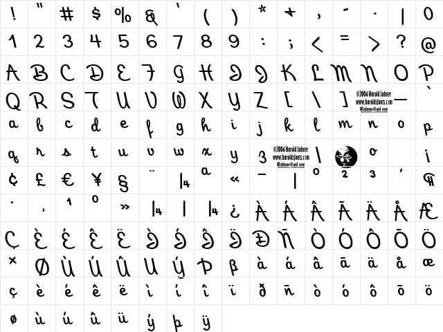 Honeymoon Regular  glyph index