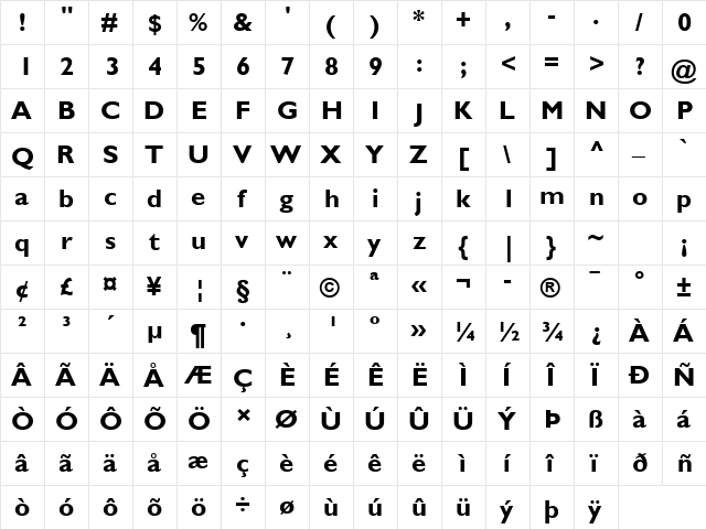 GillSans Bold  glyph index