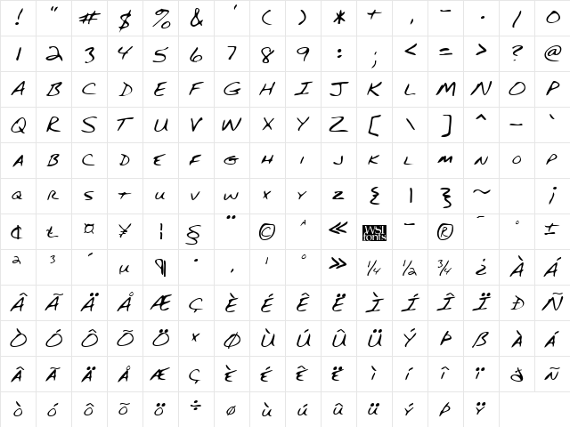 EliottsHand Regular  glyph index