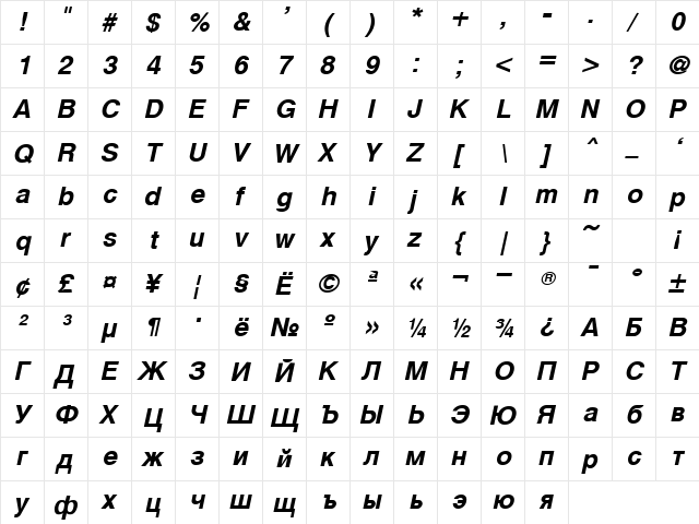 Cyrvetica Bold Oblique  glyph index