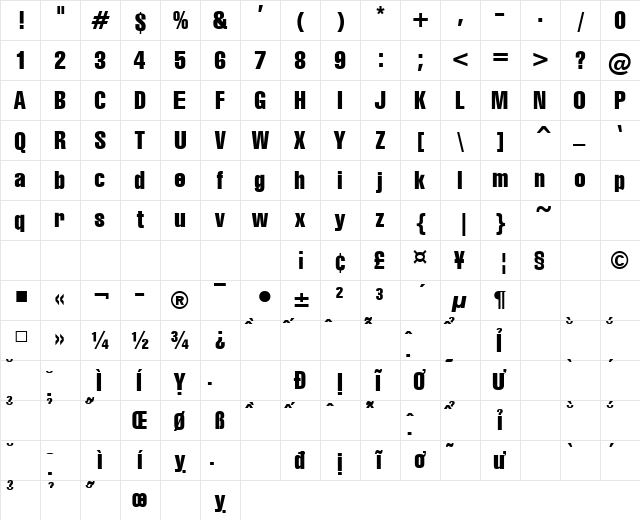 VNI-Swiss-Condense Bold  glyph index