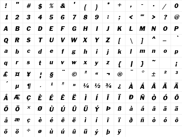 Franklin Gothic ITALIC  glyph index