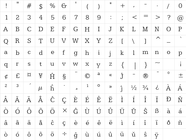 Egyptian505 Lt BT Eo Light  glyph index