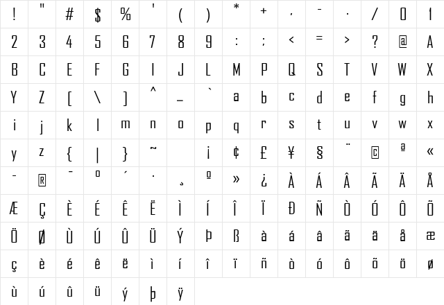 AgencyFB Regular Regular  glyph index