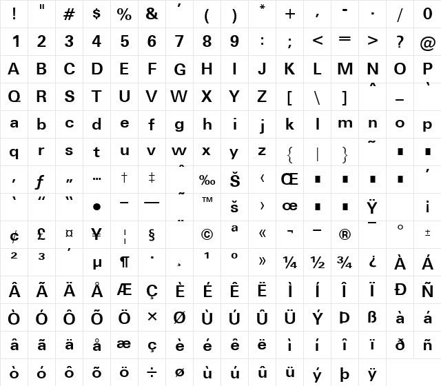 Unv Bold  glyph index