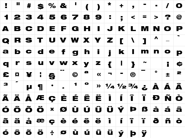 Helvetica Neue LT Com 93 Black Extended  glyph index