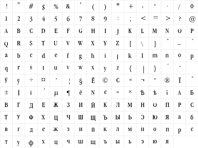 Garamond cond Light  glyph index