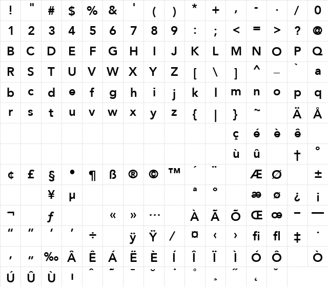 Avenir Regular  glyph index