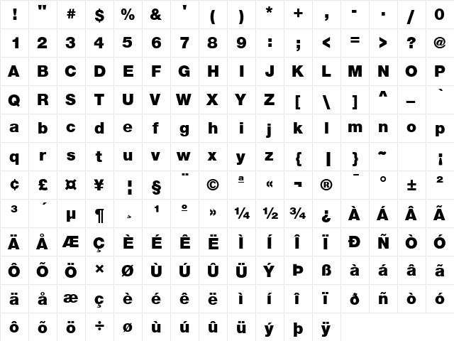 Sans Black Regular  glyph index