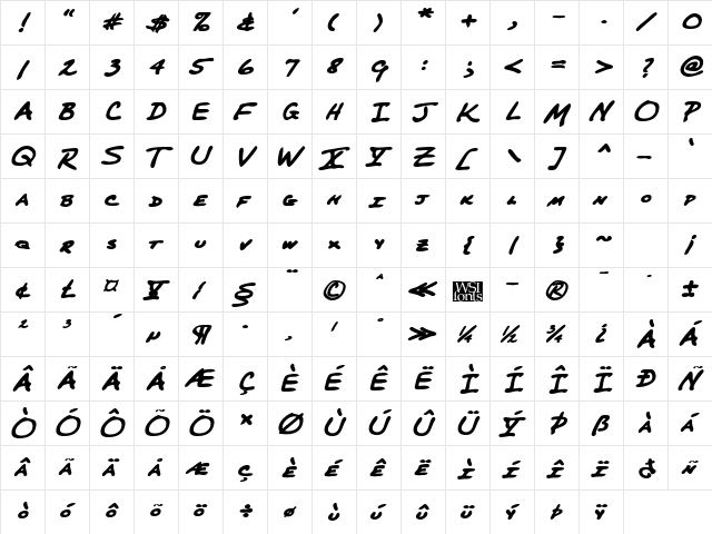 PerkinsHand Bold Italic  glyph index