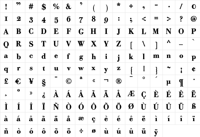 Robusta Bold  glyph index