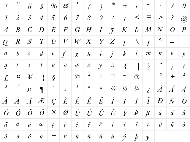 Ehrhardt MT Italic  glyph index