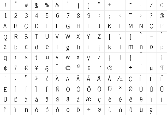 HamburgSerial-Xlight Regular  glyph index