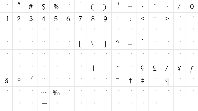 DundeeLightTab Regular  glyph index